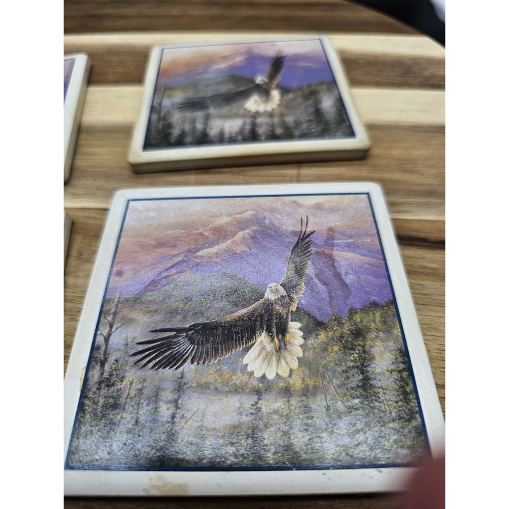 Set Of 4 Stone Coaster With American Eagle In Flight - Picture 2 of 7